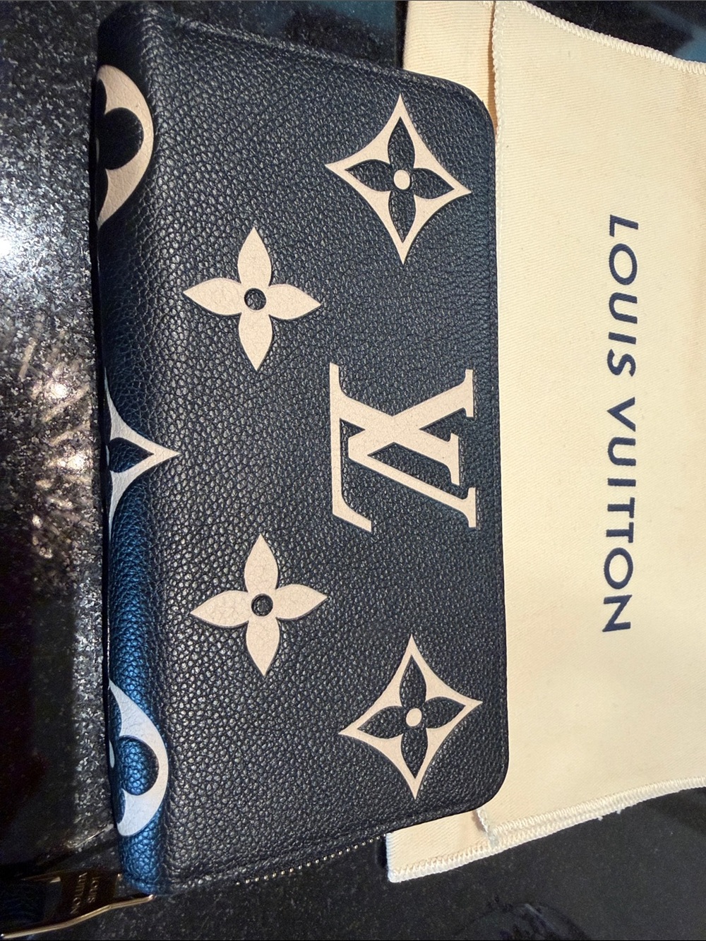 Louis Vuitton Black & Beige Monogram Zip Clutch Wallet